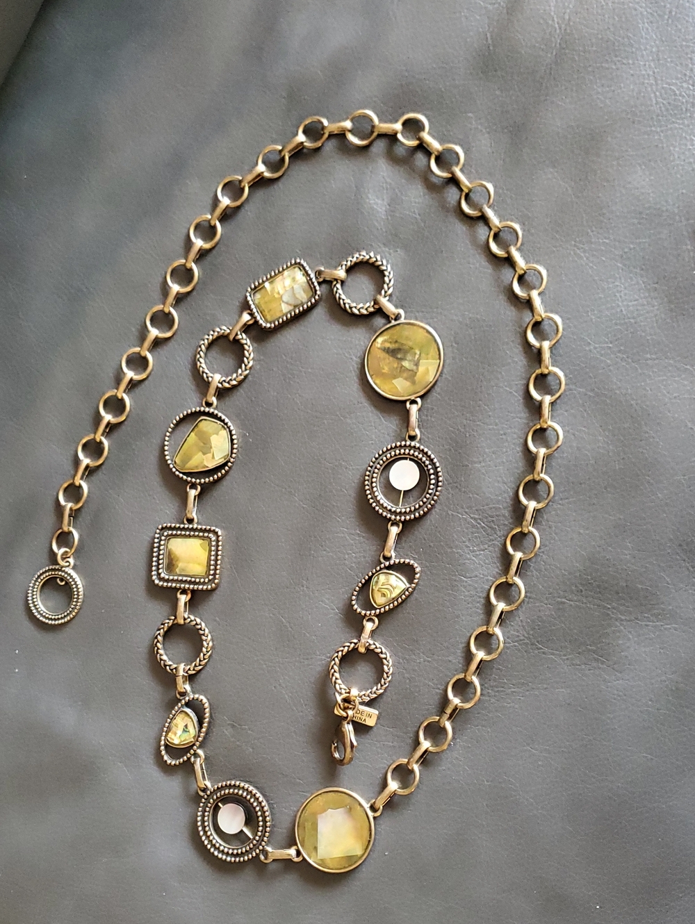 Vintage CHICO'S Chain Belt Mother Of Pearl Abalone Inset Antique Brass Colored